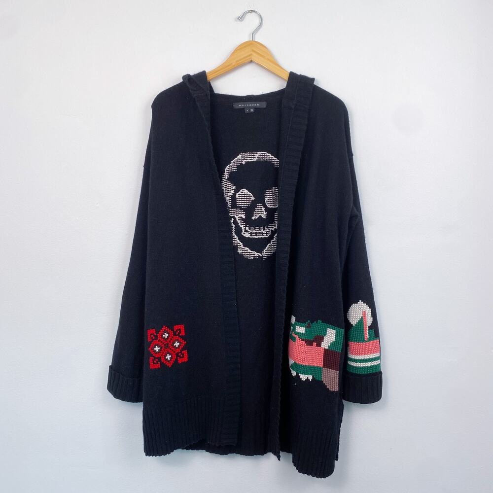 Skull Cashmere Colorful Embroidered Hooded Cardigan Sweater Small